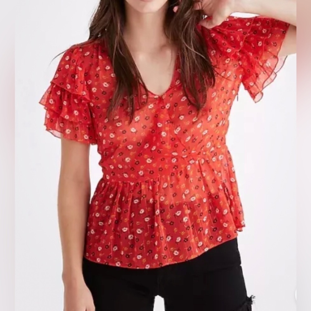 Red Floral Ruffle Sleeve Top